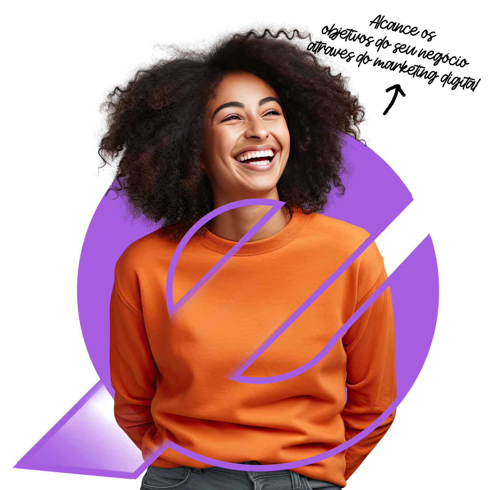 Mulher sorrindo e ao fundo o E da logo da agencia ellom na cor roxa